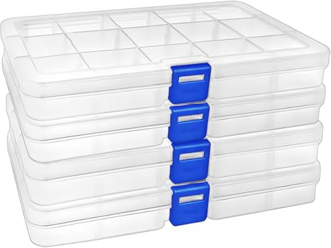 DARUITE 15 Raster Sortierboxen für Kleinteile, Box mit Fächern, 4 Stück | Adjustable, Plastic Organiser Box for Fishing Tackle, Beads, Earring, Small Accessories, Hardware, Jewelry, Nails, Pills