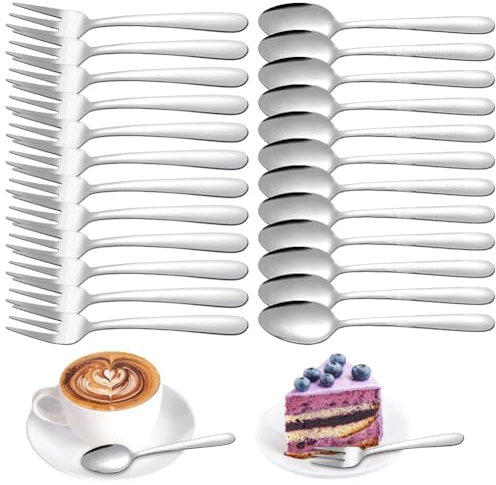 Tutamaz Kleine Löffel und Gabeln Set 24 Stück，Teelöffel und Kuchengabeln Set, Spülmaschinenfest, Kuchengabeln 12 Stück und Löffel 12 Stück, Kaffeebesteck Set für Hochzeit, Geburtstag