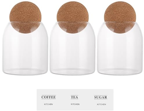 ASelected 3 Pcs Glass Storage Jar With Ball Cork Lid 500ML Tea Coffee And Sugar Canisters With Sticker For Spices, Sugar, Coffee, Biscuits, Candies