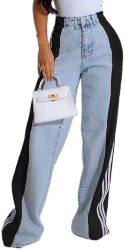 Angsuttc Womens Jeans with Patchwork Stripes High Waisted Stretchy Denim Color Block Straight Wide Leg Trendy Jean