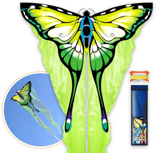 SGftre Grüner Tüll-Schmetterlingsdrachen, Einfach Zu Fliegender Drachen Für Kinder & Erwachsene, Perfekt Für Outdoor-Aktivitäten Und Urlaub, Ideal Mit Inkludiertem 100m Drachenschnur (Grün)