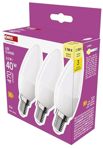 EMOS LED Lampe Candle 3er Pack, 4,2W Ersatz für 40W Glühbirne, Kerzenlampe mit E14 Sockel, Helligkeit 470 lm, Warmweiß 2700 K, 30000 h Lebensdauer, CRI min. 80, 240° Abstrahlwinkel