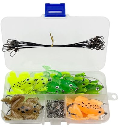 Froschköder Set, Künstlicher Silikon Frosch Angelköder Set mit 10 Frosch Fischköder, 10 Verbindungsstücken und 10 Ködervorfächern zum Angeln von Barsch, Hecht, Süßwasser und Salzwasser