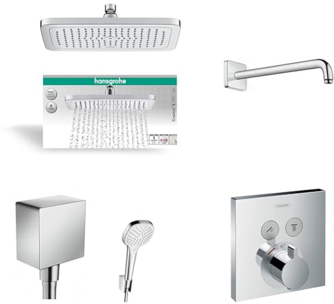 hansgrohe Croma E - Duschsystem Unterputz mit ShowerSelect Thermostat, Kopfbrause, Handbrause, Duschschlauch, Duschkopfhalterung und Schlauchanschluss, Chrom