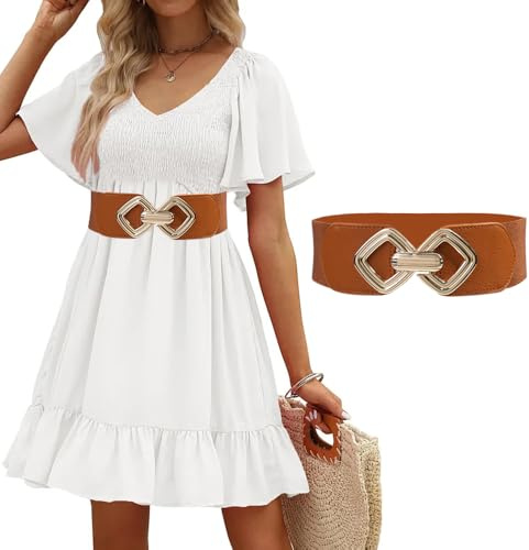TOFBS Gürtel Damen Breiter Elastischer Taillengürtel Vintage Cinch Belt Mode Goldener Schnalle Hüftgürtel für Kleider Abendkleid Pullover