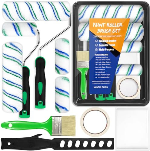 BGIUSQF 12 Pezzi Rullo Pittura Kit, Kit Rullo e Vaschetta per Verniciare, Rullo per Pittura, Viene Fornito con Vassoio, Pennello, Pellicola per Mascheratura, Nastro Adesivo
