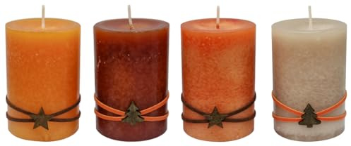 ZauberDeko Adventskerzen Stumpenkerzen Kerzen Orange Safran Beige Baum Stern Braun Adventskranz Weihnachten Deko 9x6cm 4 Stück
