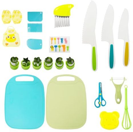 AolKee Set di 32 coltelli da cucina per bambini, set da cucina con tagliere, coltello per verdure per 3 4 5 6 anni