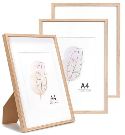 KAIWIN A4 Picture Frame Oak Set of 3, Wooden Poster Frame suitable for 6x8 with mat, 21x29.7 cm Picture Frames for Tabletop and Wall Mounting Display for Home, Office,Gallery,Holiday