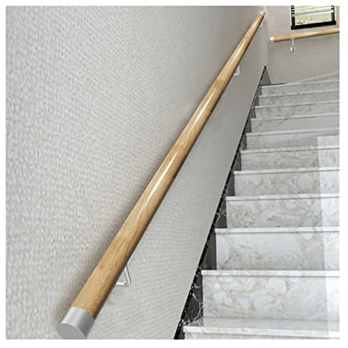 Holzleiter für Innentreppen mit rutschfester Stützschiene, rundes Geländer für Flure und Korridore, silberfarbene Wandhalterungen, ideal für ältere Menschen und Kinder, natürliche Farbe, 2 m