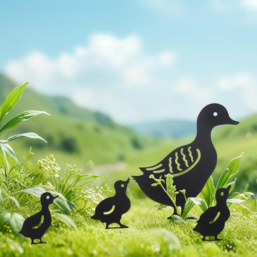 Creaher 4Pcs Metal Duck Garden Metal Stakes，Outdoor Decorative Stake Accessories And Lawn Ornaments，Family Outdoor Garden Ornaments,Ornamental Gardening Stakes for Decoration Black Duck