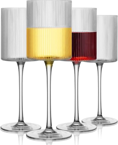 LUXULISH Lot de 4 verres à vin carrés côtelés vintage en cristal soufflé à la main pour femme, homme, mariage, anniversaire de mariage, Noël, anniversaire de mariage