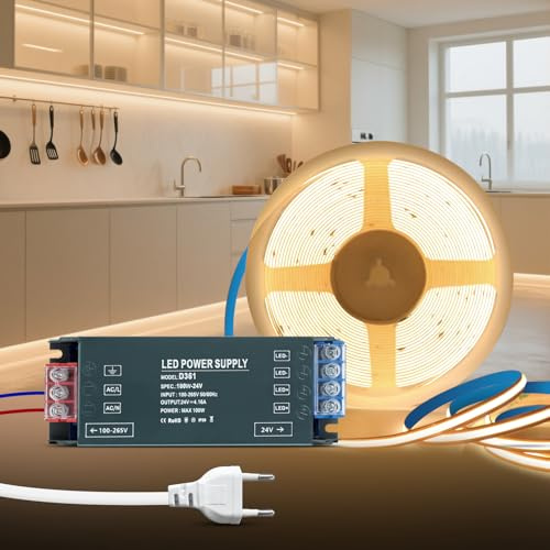 KSIBNW 24V COB LED Streifen Neutralweiß 4000K, 5M Selbstklebend LED Strip mit 24V Netzteil 100W Trafo und 1M Stecker, 320LEDs/M 8mm Breite CRI90+ Flexibles LED Band für Fernseher, DIY Dekoration
