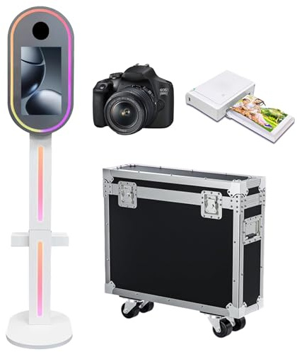 Appareil photo miroir avec écran tactile de 39,6 cm avec étui de transport, lumière RVB pour fêtes, événements, location de mariage (blanc, machine + appareil photo + mini imprimante)