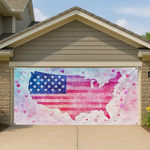 Copertura per striscione per garage con mappa degli Stati Uniti, motivo patriottico rosso, bianco e blu, grande decorazione artistica per porte del garage, sfondo estivo e per festa dell'indipendenza