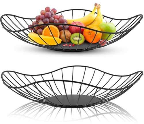 katmerio 2 Stück Obstschale Schwarz Rund Obstschalen, Metall Obstkorb Modern Fruit Basket Bowl Obstaufbewahrungskorb, Anti-Rost Obstkörbe Aufbewahrung für Gemüse Obst Brot