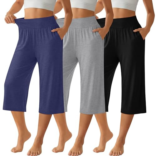 Neer Paquete de 3 Pantalones Capri para Mujer | Pierna ancha, cintura alta, holgada, hasta el tobillo, verano, ropa de salón, con bolsillo