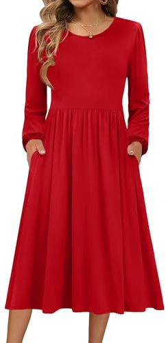 Zeagoo Women's Long Sleeve Knitted Dress Round Neck Autumn Dresses A-line Midi Dress Tunic Autumn Dress Casual Dress with Pockets, red, M