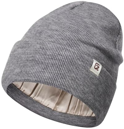 GADIEMKENSD Stickad satinfodrad mössa, ullblandning, värme, antistatisk, anti-plysch, skonsam hårvård, unisex, Ljusgrå, 54/59 cm