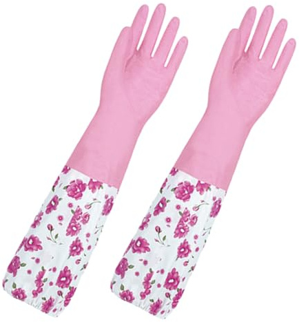 Hohopeti Thickened Plush Lined Dishwashing Gloves Long Sleeve Kitchen Cleaning Gloves Reusable Household Washing up Dish for Winter Pink