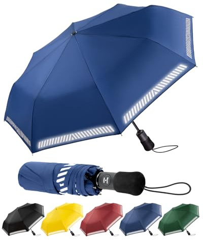 Chakipee Regenschirm Sturmfest Taschenschirm mit Reflexstreifen Umbrella Kompakter Reise Winddichter Automatik Auf und Zu Vordach 8 Rippen für Herren Damen Kinder