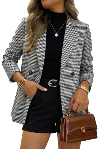 ELLEVEN Tweed Blazers for Women Business Casual Outfits Oversized Plaid Houndstooth Blazers Fall Long Jacket Work Casual Suit Old Money Office Professional Interview Clothes Black Houndstooth Large