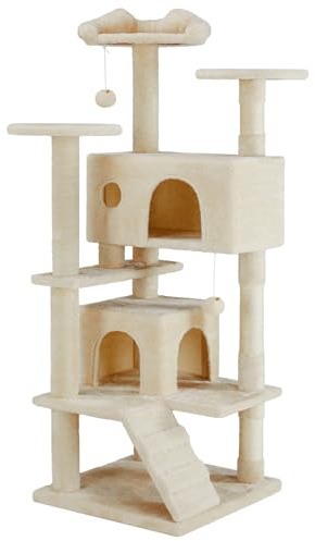 Sweetcrispy Torre de árbol para gatos de 54 pulgadas, torre de varios niveles con poste rascador para gatos, condominio interior para gatos con escalera de escalada, juguete de peluche, casa de juegos