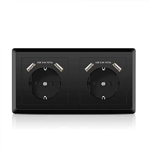 Kaifire Doppelsteckdose mit 4 USB Anschlüssen Schwarz, System 55 USB Schuko Steckdose unterputz Passt in Standard 2-fach Unterputzdose, Ladegerät Smartphone Tablet MP3
