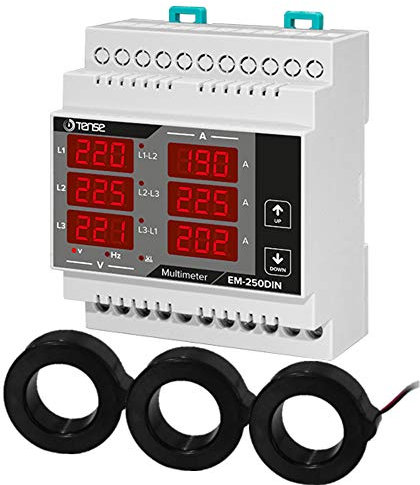 Tense Elektronik EM-250DIN Einbaumessgerät Multimeter zur Messung von Strom (2A-250A), Spannung und Frequenz in 3-Phasigen Netzwerken - DIN-Schiene Hutschiene digital grau, schwarz, rot