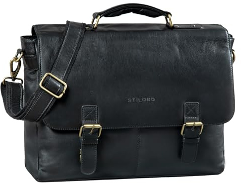 STILORD 'Dorian' Große Aktentasche Leder Herren Vintage Businesstasche zum Umhängen mit 15.6 Zoll Laptop-Fach Trolley Aufsteckbar, Farbe:schwarz