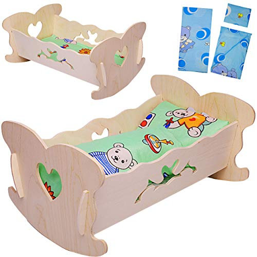 alles-meine.de GmbH Wiegenset: Puppenwiege aus Holz - 36 cm groß - mit Bettzeug - Herz - Bett Naturholz - Holzwiege - Puppen klein - Matratze Decke & Kopfkissen - Mädchen & Junge..