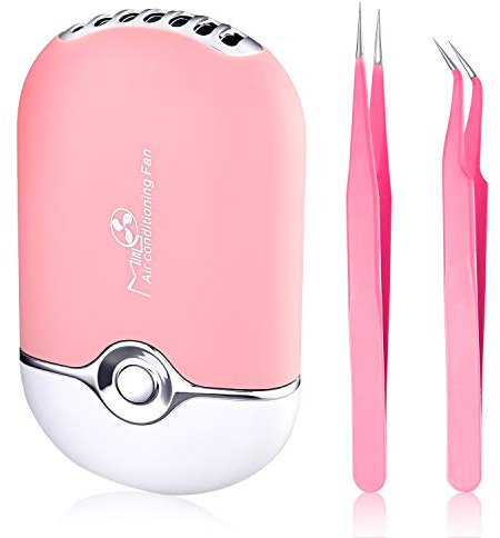 USB Air Conditioning Blower Handheld Air Conditioning Fan Rechargeable Eyelashes Dryer Fan Mini Portable Fans with 2 Pieces Straight and Curved Tweezers for Eyelash Extensions Girls Women (Pink)
