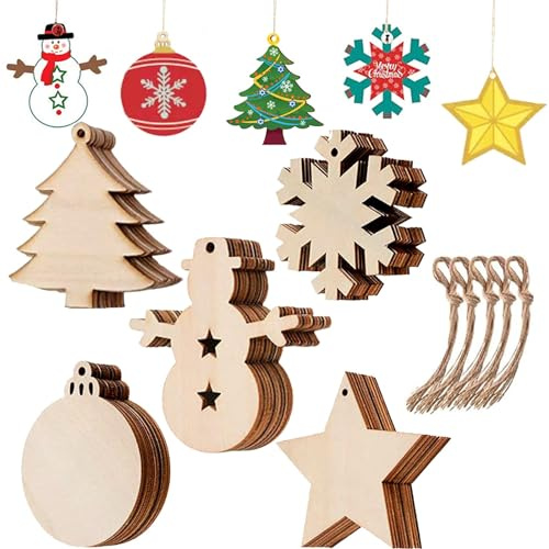 50 Stück Holz Weihnachtsschmuck, DIY Christbaumschmuck Weihnachtsschmuck，Weihnachten basteln holzscheiben, Weihnachtsbaum, Holzstern, Runde Scheibe, Schneeflocke, Schneemann.