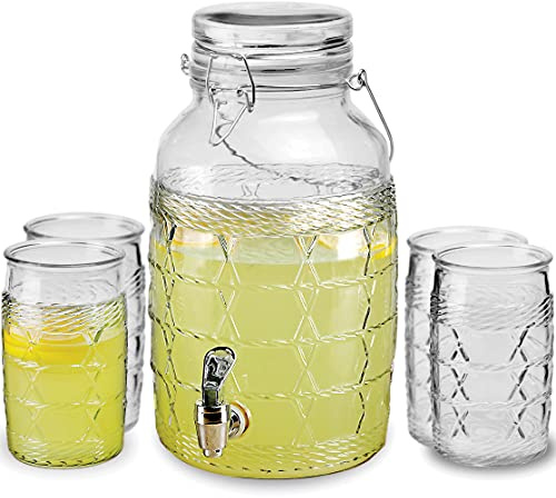 Circleware 92031 Wicker Entertainment Set, Beverage Dispenser with Hermetic Locking Lid and 4 Glasses, Glassware Pitcher for Water, Juice, Beer Wine Liquor, Kombucha & Cold Drinks