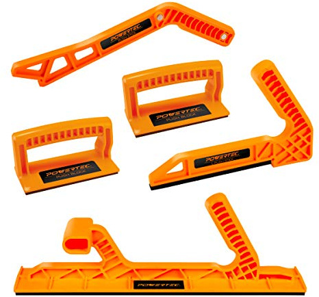 POWERTEC Lot de 5 bâtons et blocs de poussée, L et magnétique, scie à table, table de toupie, scie à ruban, rainureuse, poignées ergonomiques prise en main max., rebond réduit, sécurité accrue (71510)