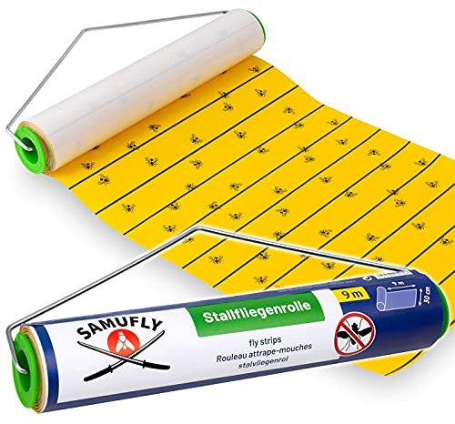 SAMUFLY Trappola Adesiva per Mosche, Rotolo Adesivo acchiappamosche, incl. Supporto in Metallo, 9 m x 30 cm