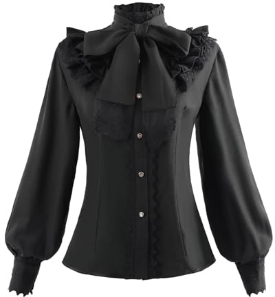Fiamll Camicia da donna vittoriana blusa vintage con fiocco camicia a colletto rialzato con volant manica lunga, A-Nero, M