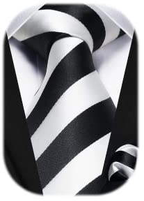 HISDERN Black & White Ties for Men Striped Tie and Pocket Square Set Formal Classic Elegant Necktie & Handkerchief for Business Wedding Party
