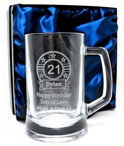 Regalo Personalised Engraved Pint Glass Tankard Beer Mug for Son 18th Birthday or 21st Birthday. Gift for Dad's 40th - Birthday Design (Silk Lined Gift Box)