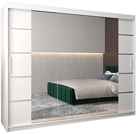 MEBLE KRYSPOL Verona 4 250 Schlafzimmerschrank Schiebetüren Schrank mit Spiegel Kleiderschrank mit Spiegel Schiebetürenschrank Kleiderschrank Schiebetüren – 250x200x62cm - Mattweiß