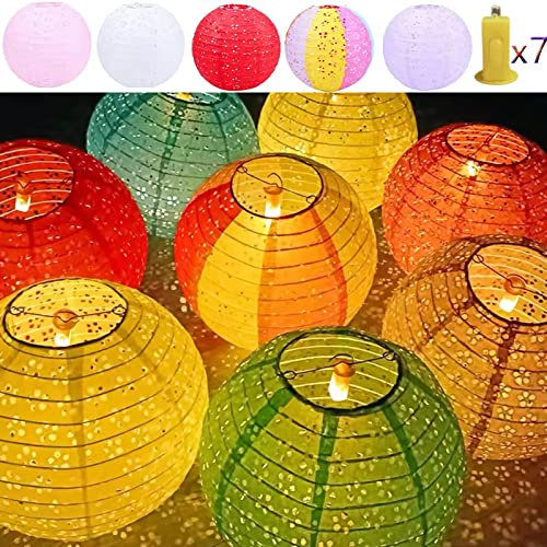 Qlisytpps Paper Lanterns with LED Lights 10 Colours Chinese Japanese Lantern Oriental Style Traditional Asian Bedroom Paper Lamp for Home Wedding Party Decoration 8 Inch (5pcs) Free 2 Spare Lights