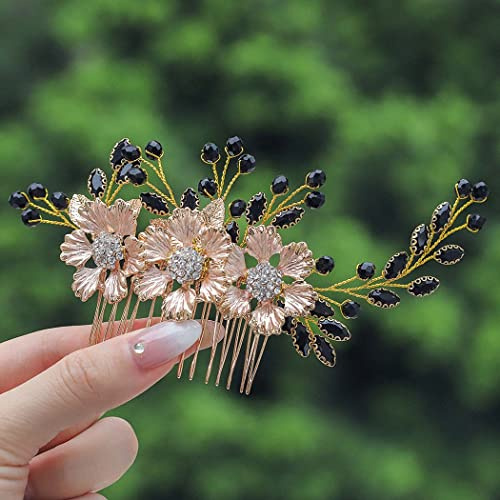 IYOU Damen Hochzeit Haarkamm Blume Schwarz Hochzeits Seitenkämme Strass Perlen Barock Kopfschmuck Haarschmuck für Braut und Brautjungfer