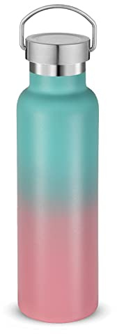 Volhoply 600ml Trinkflasche Edelstahl mit Griffabdeckung,Doppelwandig Vakuum Isolierte Thermosflasche Kinder,Metall Auslaufsicher Wasserflasche FüR Sport, Schule, Outdoor (Grün-Rosa Farbverlauf,20 OZ)