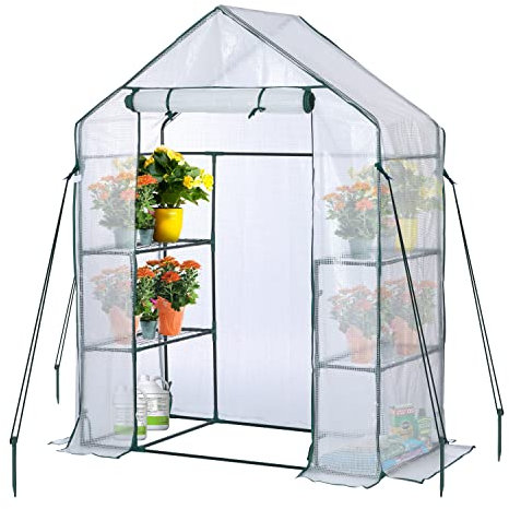 EPROSMIN Walk In Greenhouse with Steel Frame and Reinforced PE Plastic Cover, 3 Tier 4 Wired Shelves, Greenhouse/Plant Nursery for Small Gardens, Patios, Perfect for Tomato Growing, Easy to Assemble