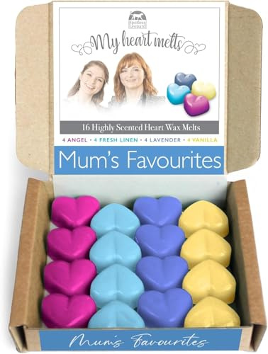 Mamas Favoriten – Gemischte Wachsschmelzen – je 4 Engel, 4 frisches Leinen, 4 Lavendel, 4 Vanille-Wachsschmelzen, Geschenkset für den Muttertag, 16 x 5 g, herzförmiger Duft.