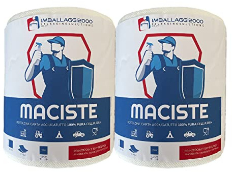 IMBALLAGGI 2000 - Maciste Rotoloni Asciugatutto 12 Pz x 250 Strappi 20x22 cm, Carta Cucina 2 Veli in Cellulosa Assorbente, Bobina 20Hx18Ø - Rotoli Carta Casa ad Uso Domestico, Panno per Pulizia Cucina