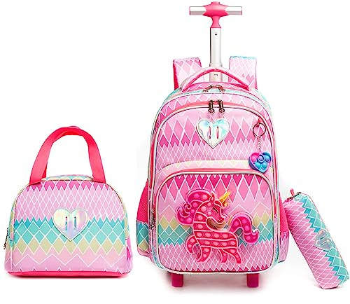 Pop It Fidget Toys Sac a Roulette Fille,16inch Cartable Fille Primaire Roulette Pop Licorne Push Bubble Sensory Squeeze Squeeze Sac à Roulette,Convient aux Enfants du Primaire et de la Maternelle.