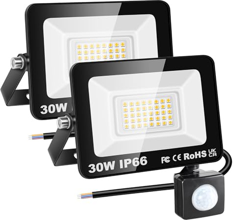 RIGIDON 2 st PIR-rörelsesensor Utomhussäkerhetsljus, 30W 3000 lumen utanför LED-strålkastare, dagsljus Varmvit vägglampa för trädgårdsgarage Bakgård Uteplatshus Dörröppning, IP66 Vattentät 3000K
