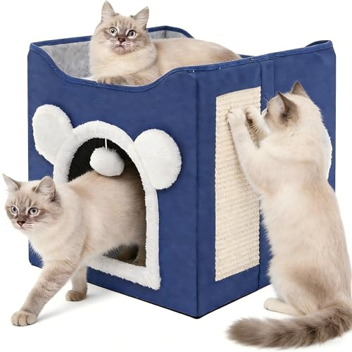 Katzenhaus, Hundehaus, Faltbarer Katzenkorb mit 2 abnehmbaren Kissen, hängendem Ball und Kratzbrett, Katzenhaus, 40 x 40 x 40 cm Blau