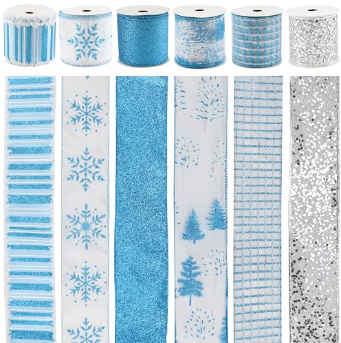 MAYREEL 2.5 Inch Blue Christmas Ribbon Wired Turquoise Blue and Silver for Christmas Trees Wreaths Tree Toppers Crafts Home Decor Gift Wrapping 6 Rolls Total 36 Yards